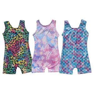 Lot of 3 Girls Gymnastics Dance Leotards Unitard Shorts Shimmery Pull-On Sz 5-6